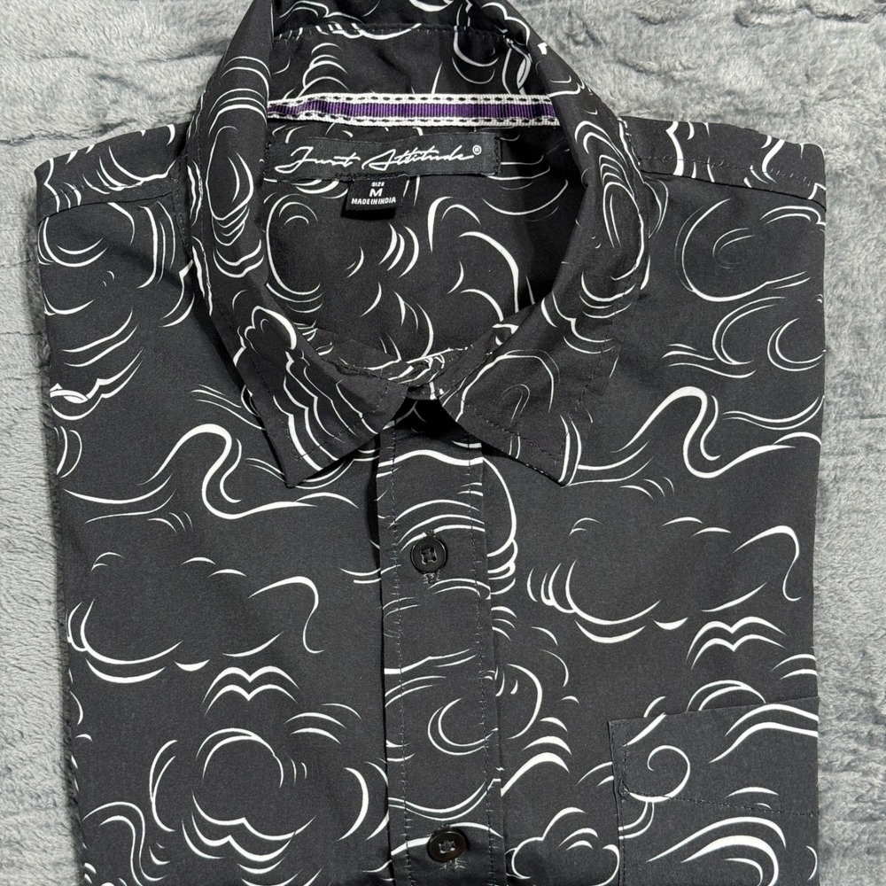 Just Attitude Button Down Shirt Mens M Black White Abstract Swirl Short Sleeve
